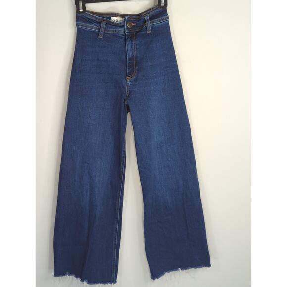 Zara Dark Wash Blue Marine Jeans Women's Size 4 Wide Leg Raw Hem Retro Lookp - Picture 2 of 9